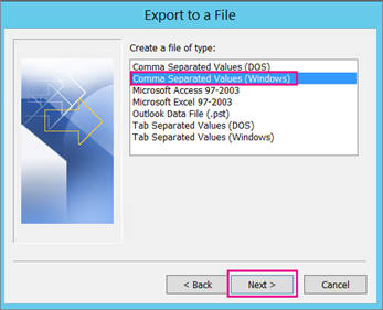 Choose to export a .csv file (Windows)